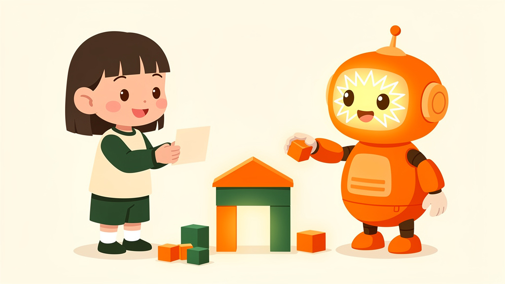 子どもがロボットにメモを渡し、ロボットがブロックで家を組み立てている