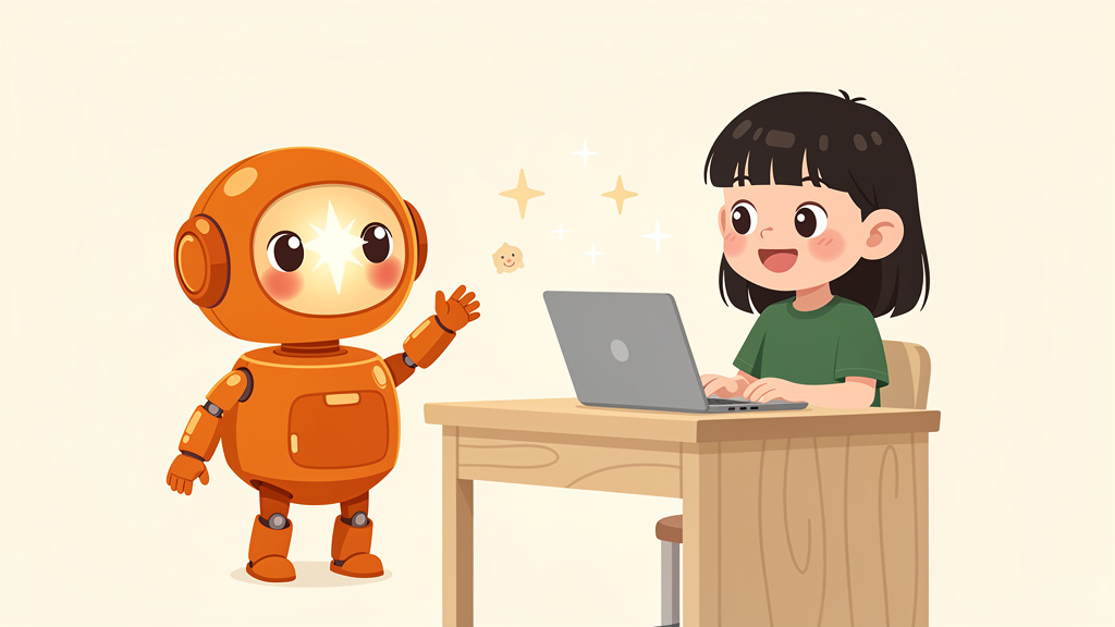 オレンジのロボットと、ノートパソコンに向かう子ども