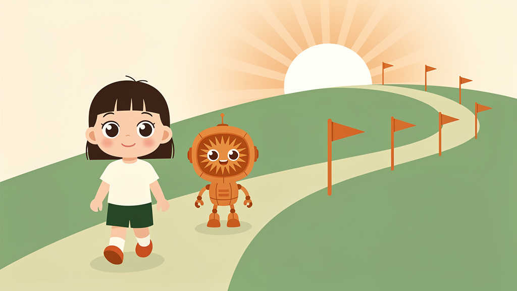 7本の旗が立つ丘の道を、子どもとロボットが朝日に向かって歩く